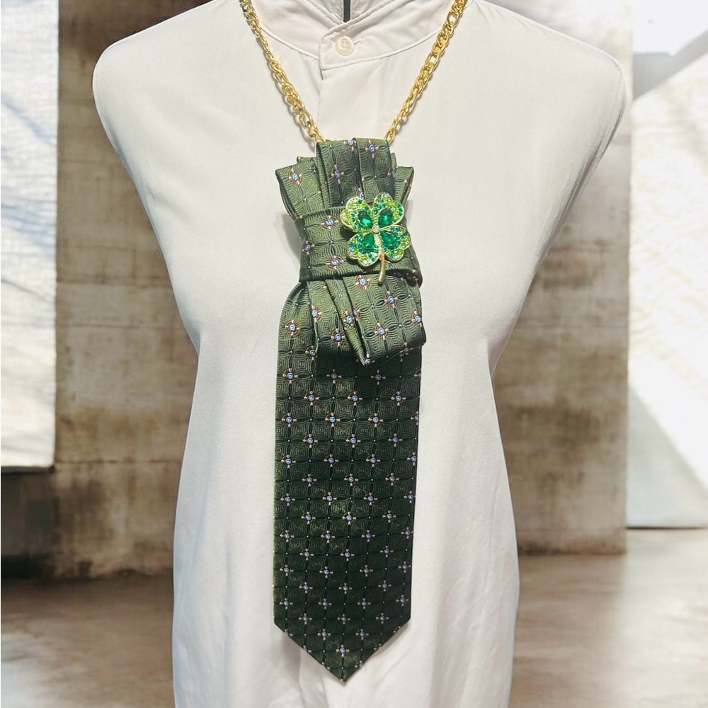 Jos. A. Bank Green and Brown Necktie with Four leaf Clover Brooch